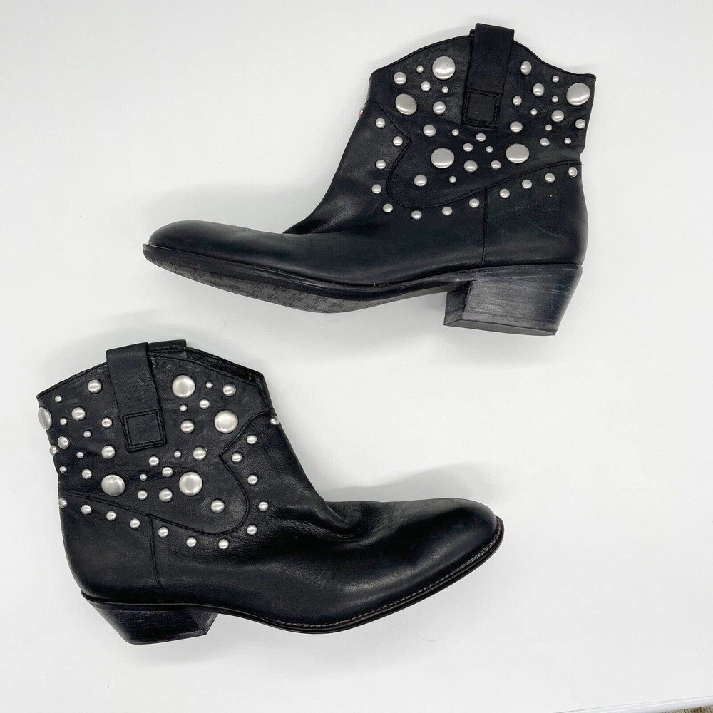 Franco Sarto Vegas Studded Ankle Bootie Shoes Sz 9 Black Leather Heels Pull On
